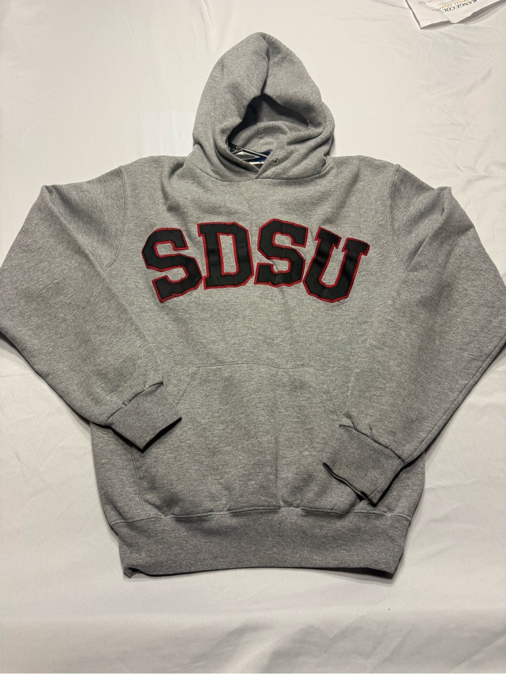 Champion Grey Hooded Sweatshirt with Red-Outlined Black SDSU Letters